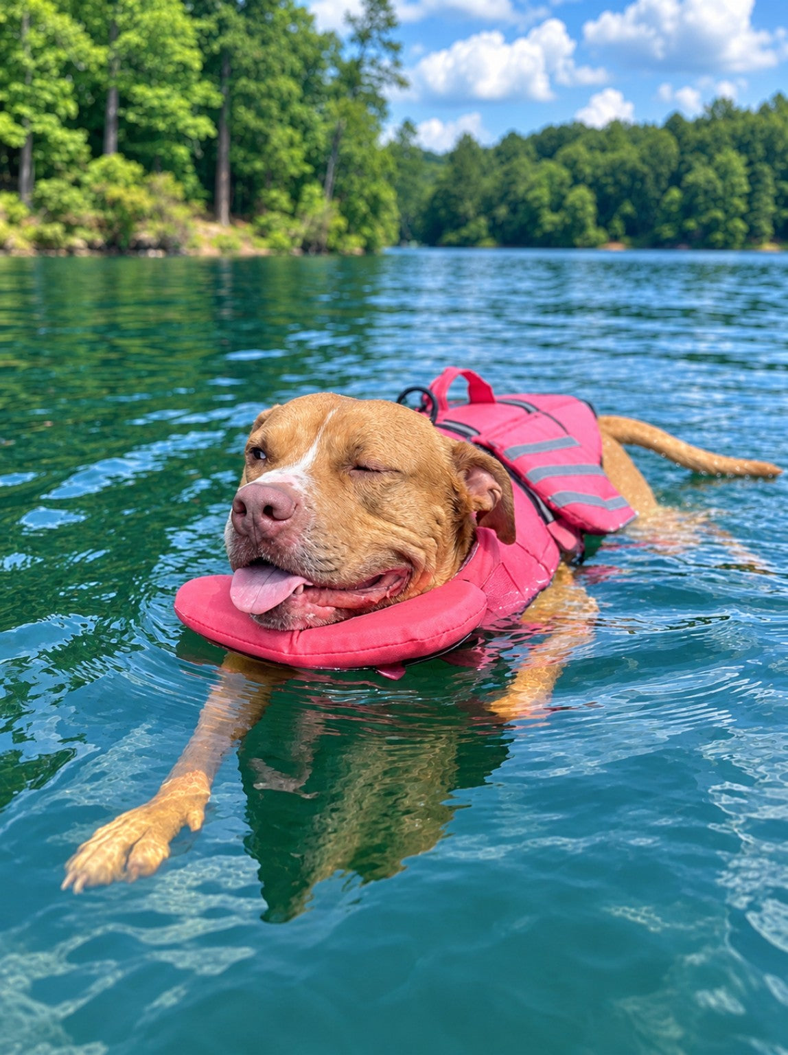 Perro nadando con chaleco PawSplash en un lago