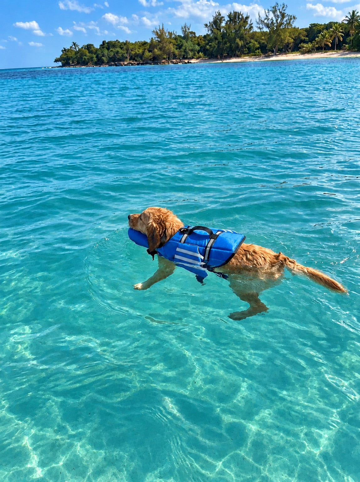 Perro nadando con chaleco PawSplash en el mar